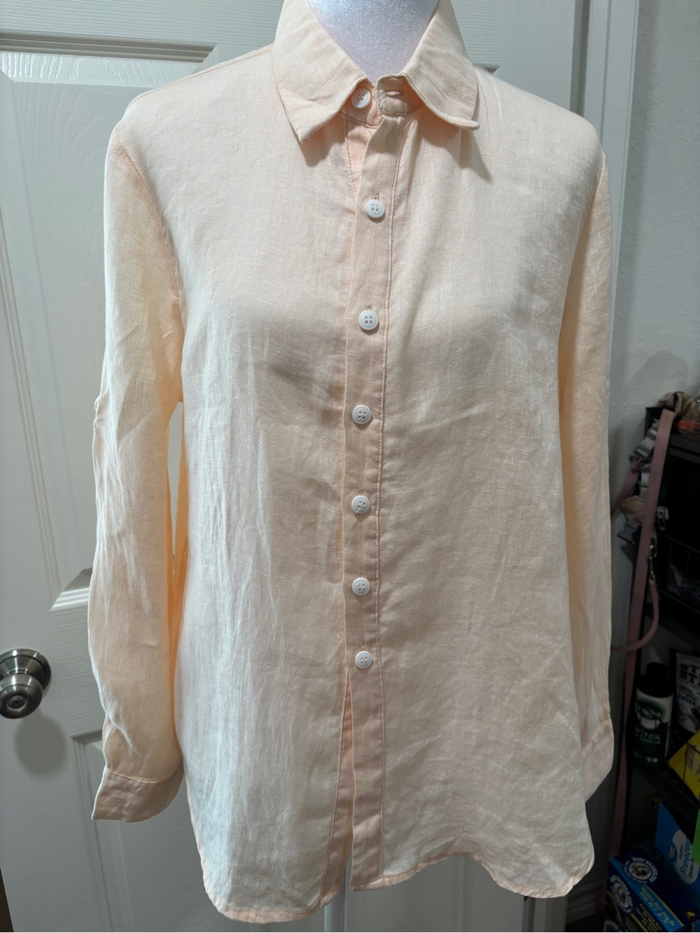 Amazhiyu 100% Linen Shirt Women’s L Peach Roll Tab Sleeve Coastal